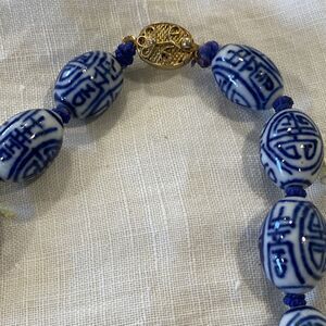 Antique Hand Tied Silk Chinese Export Cobalt Blue Ceramic Blue Beaded Necklace